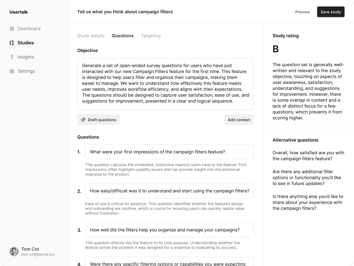 Create AI-led studies in minutes with Usertalk's study builder 